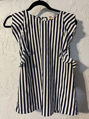 Juicy Couture Navy and White Vertical Stripe Ruffle Top
